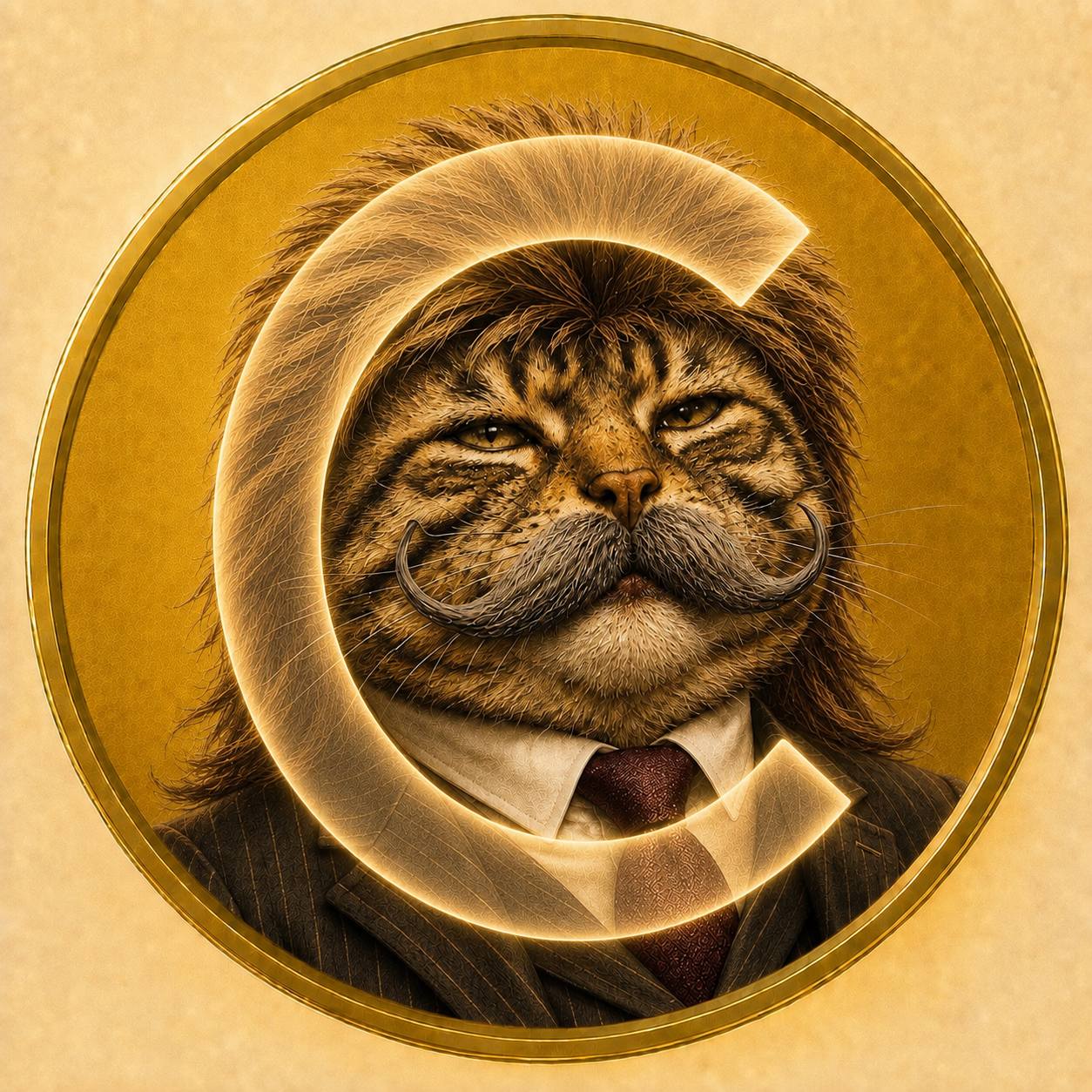 Mr. Cate coin — a distinguished gentleman cat with a handlebar moustache and burgundy tie on a golden coin