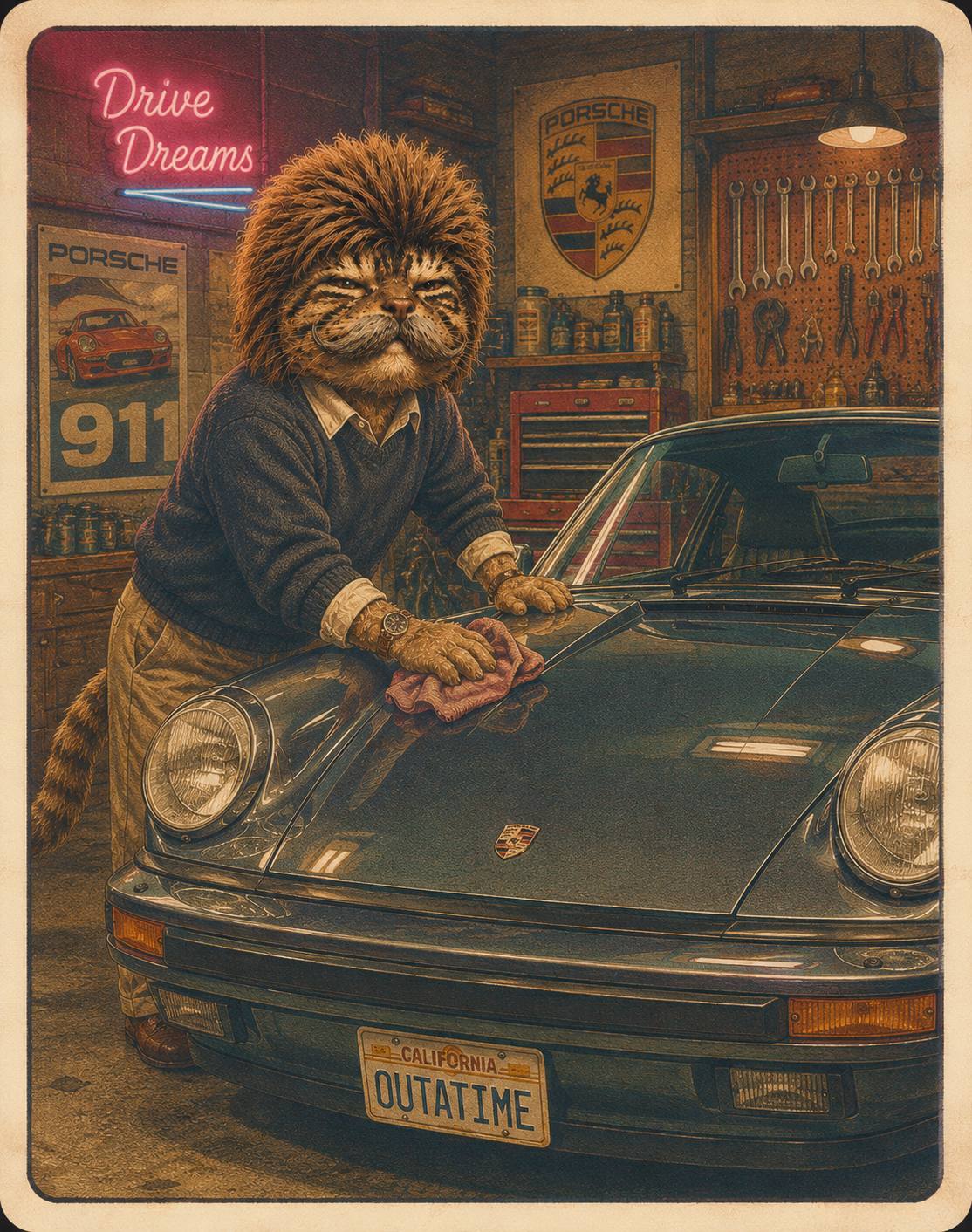 Drive dreams — Buffing the 911, plate says OUTATIME