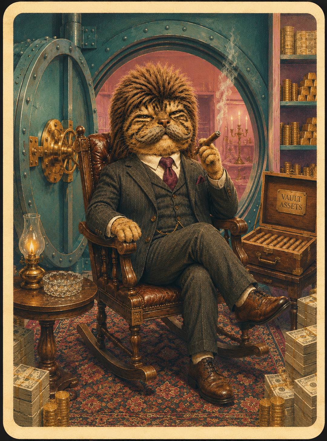 Mr. Cate seated in a leather rocking chair inside a bank vault, smoking a cigar surrounded by gold and cash